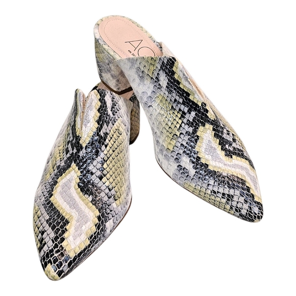 AGL Leather Snakeskin Pointed Toe Mules Size 7.5 Green & Gray Designer Luxury - Picture 6 of 15